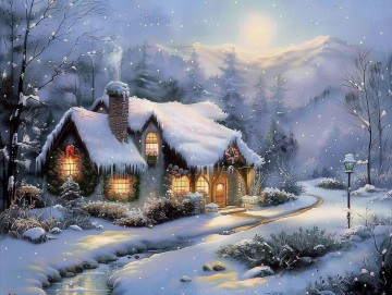 Landscapes Painting - Style of Thomas Kinkade Wall Painting Christmas Original Art Snow Winter Snowing Silent Night